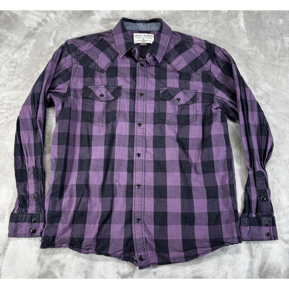 Cody James Western Shirt Mens Medium Purple Black Plaid Pearl Snap Long Sleeve
